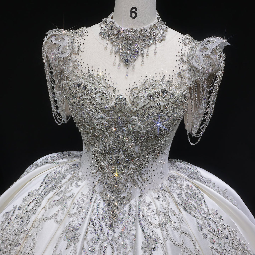 Luxury Ivory Satin Silver Floral Embroidery Ball Gown Wedding Dress SW605