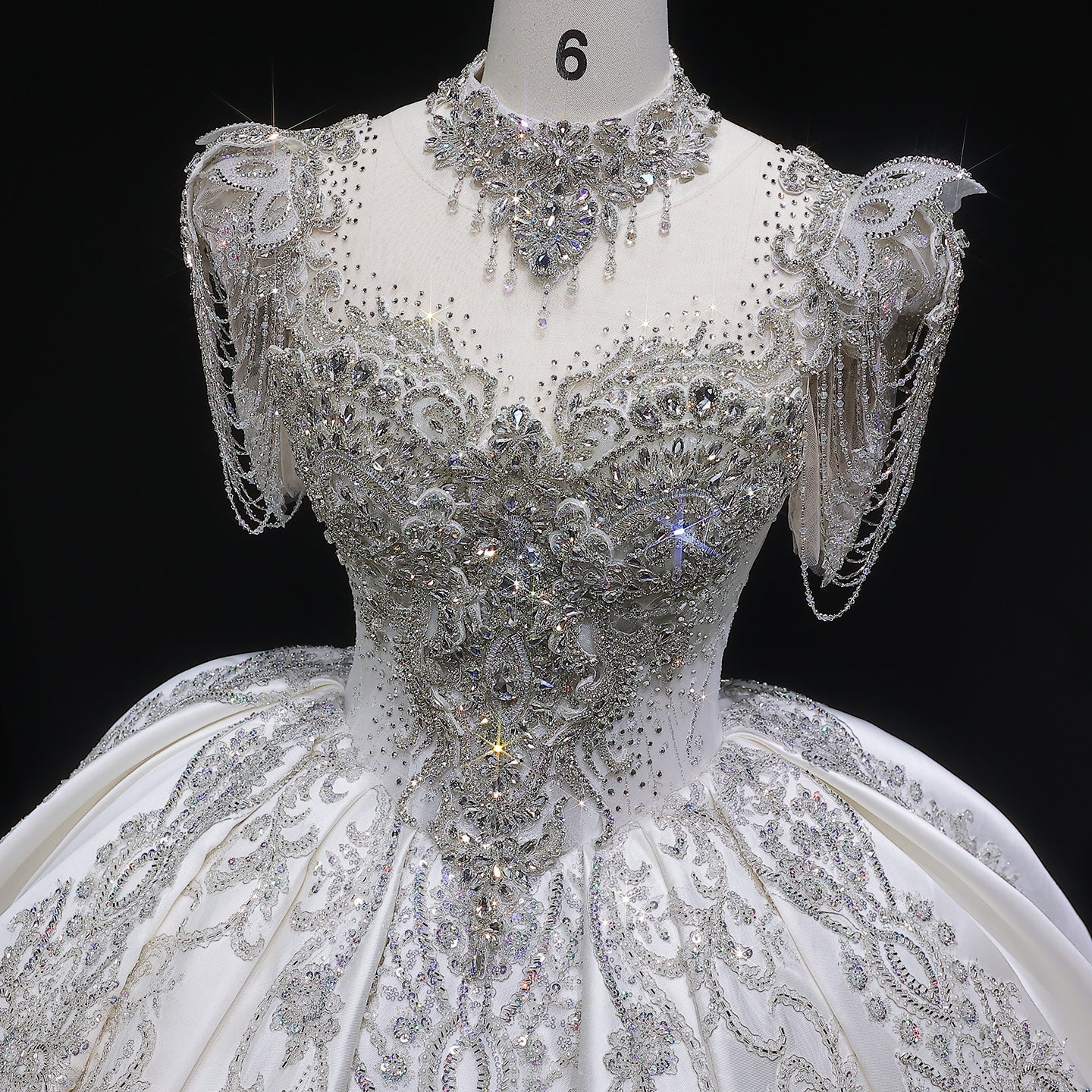 Luxury Ivory Satin Silver Floral Embroidery Ball Gown Wedding Dress SW605