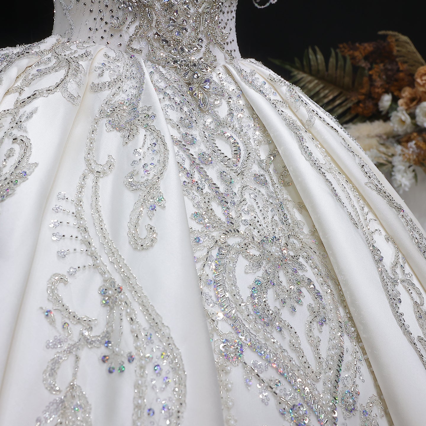 Luxury Ivory Satin Silver Floral Embroidery Ball Gown Wedding Dress SW605