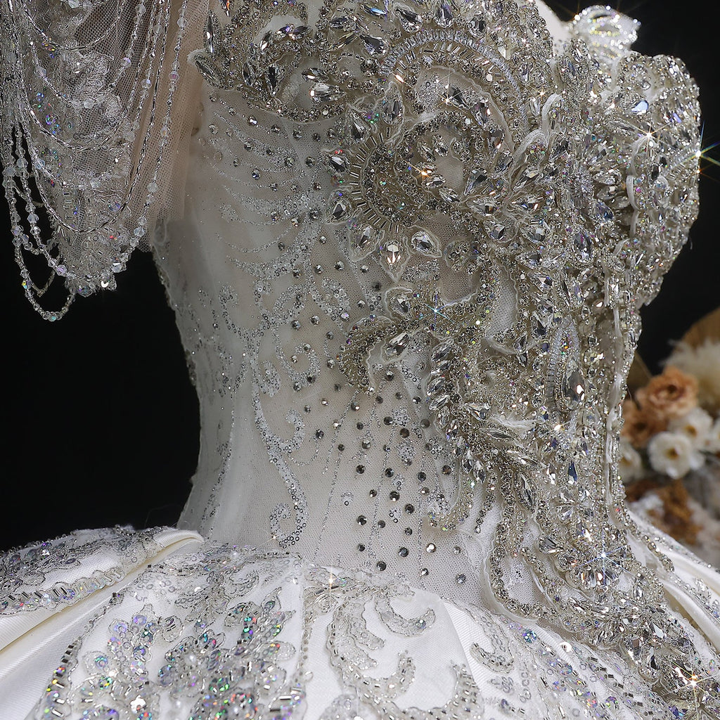 Luxury Ivory Satin Silver Floral Embroidery Ball Gown Wedding Dress SW605
