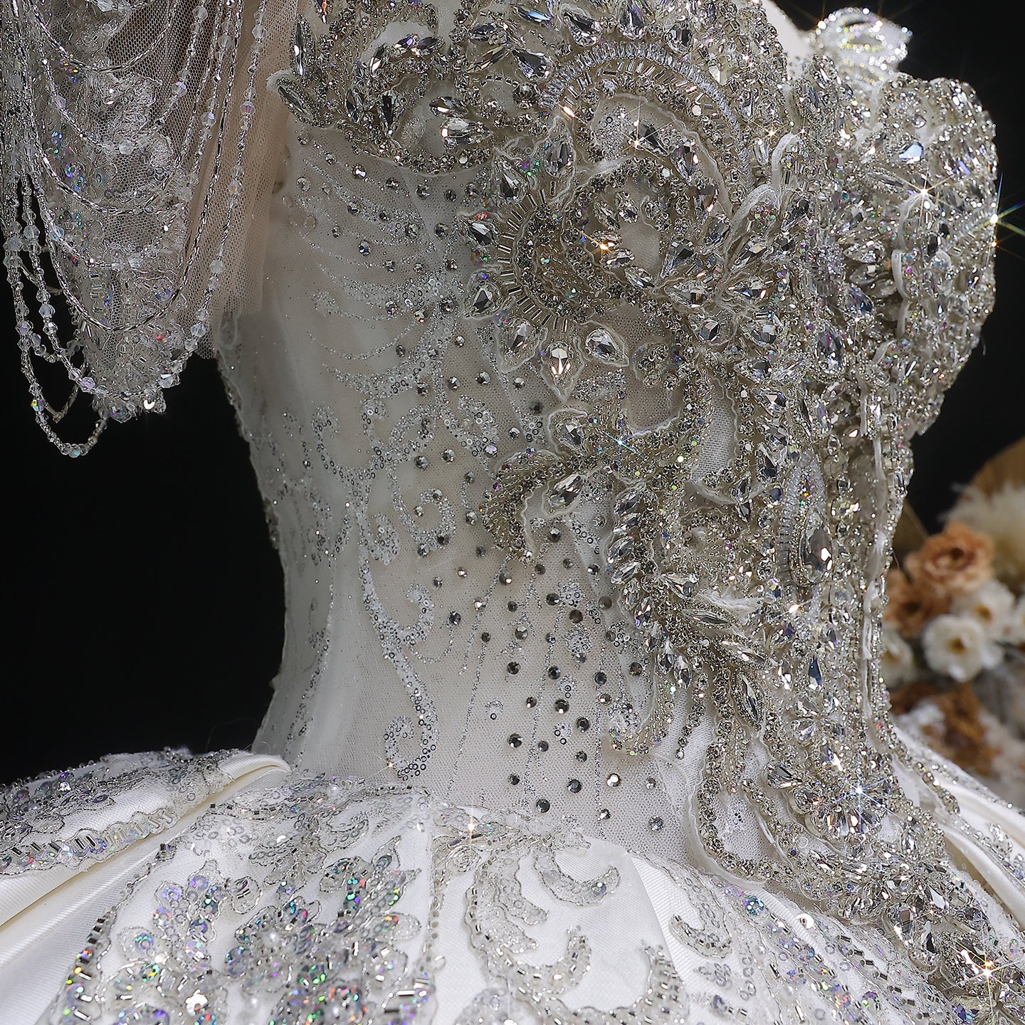 Luxury Ivory Satin Silver Floral Embroidery Ball Gown Wedding Dress SW605