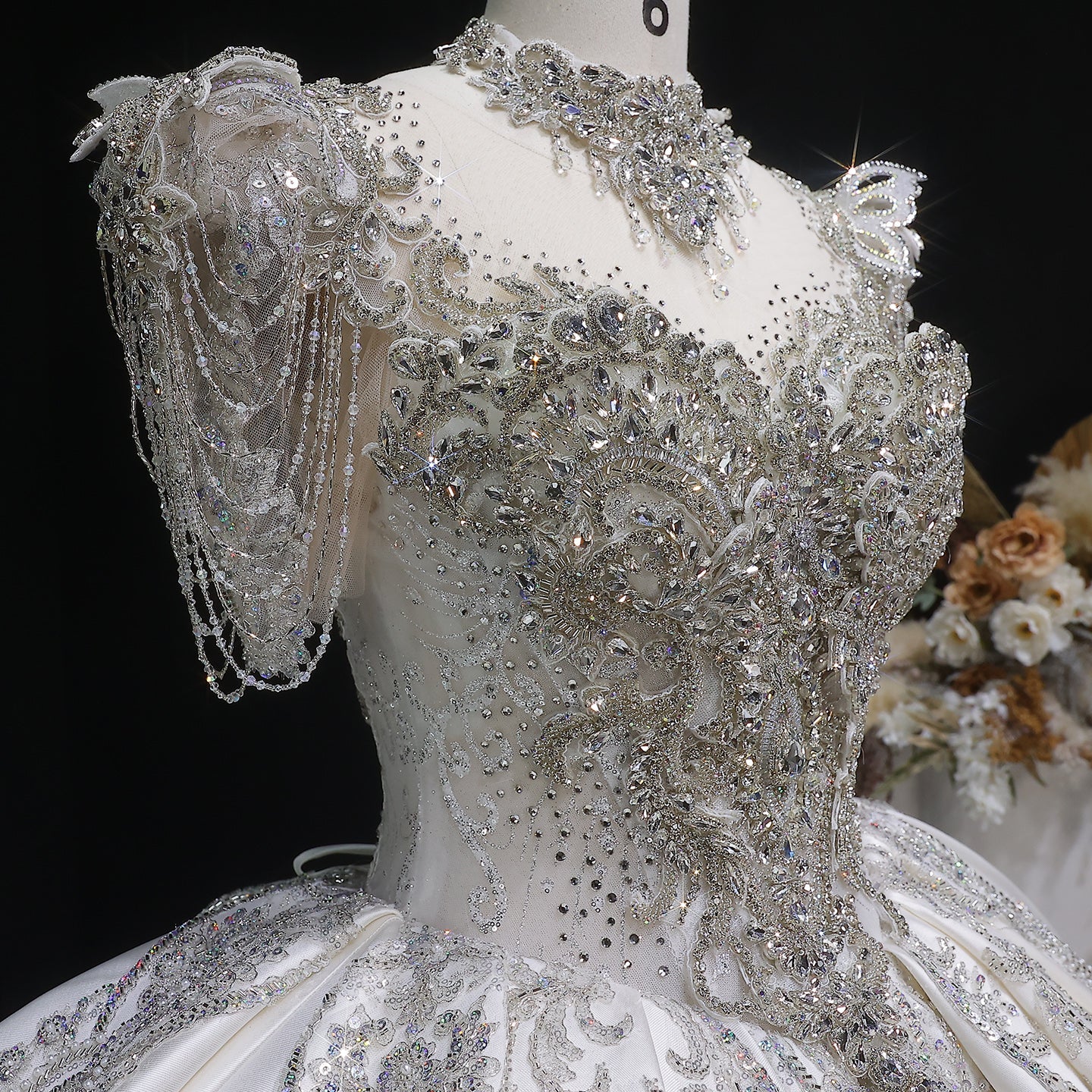 Luxury Ivory Satin Silver Floral Embroidery Ball Gown Wedding Dress SW605
