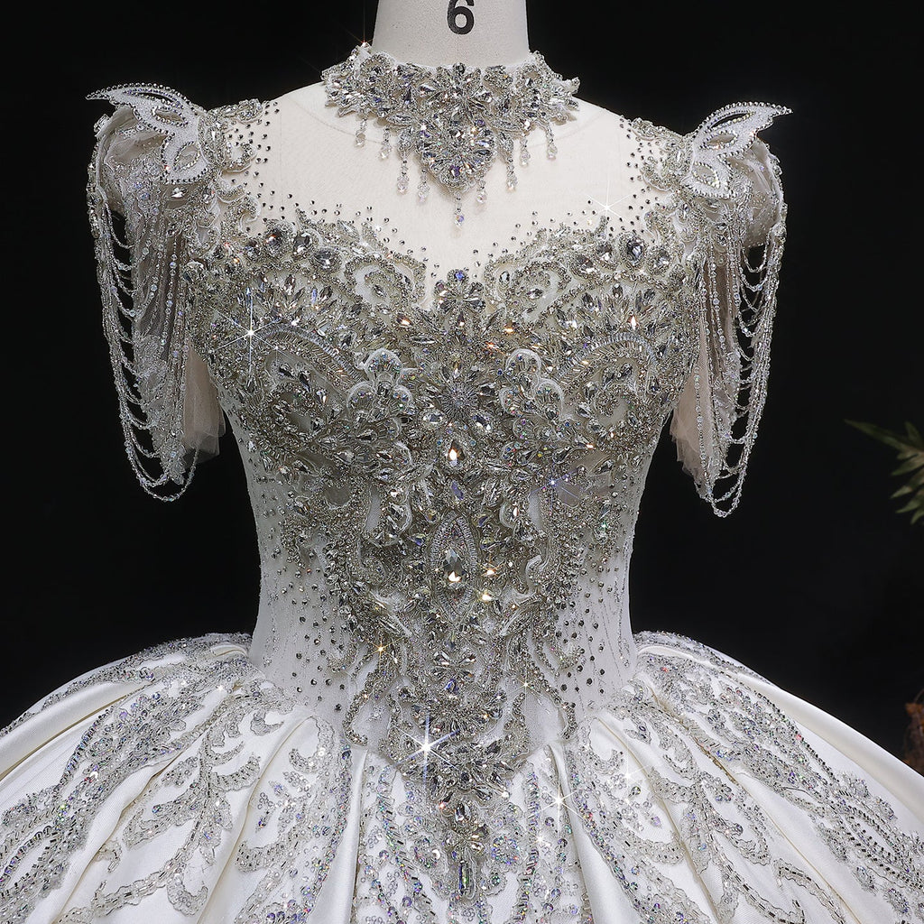Luxury Ivory Satin Silver Floral Embroidery Ball Gown Wedding Dress SW605