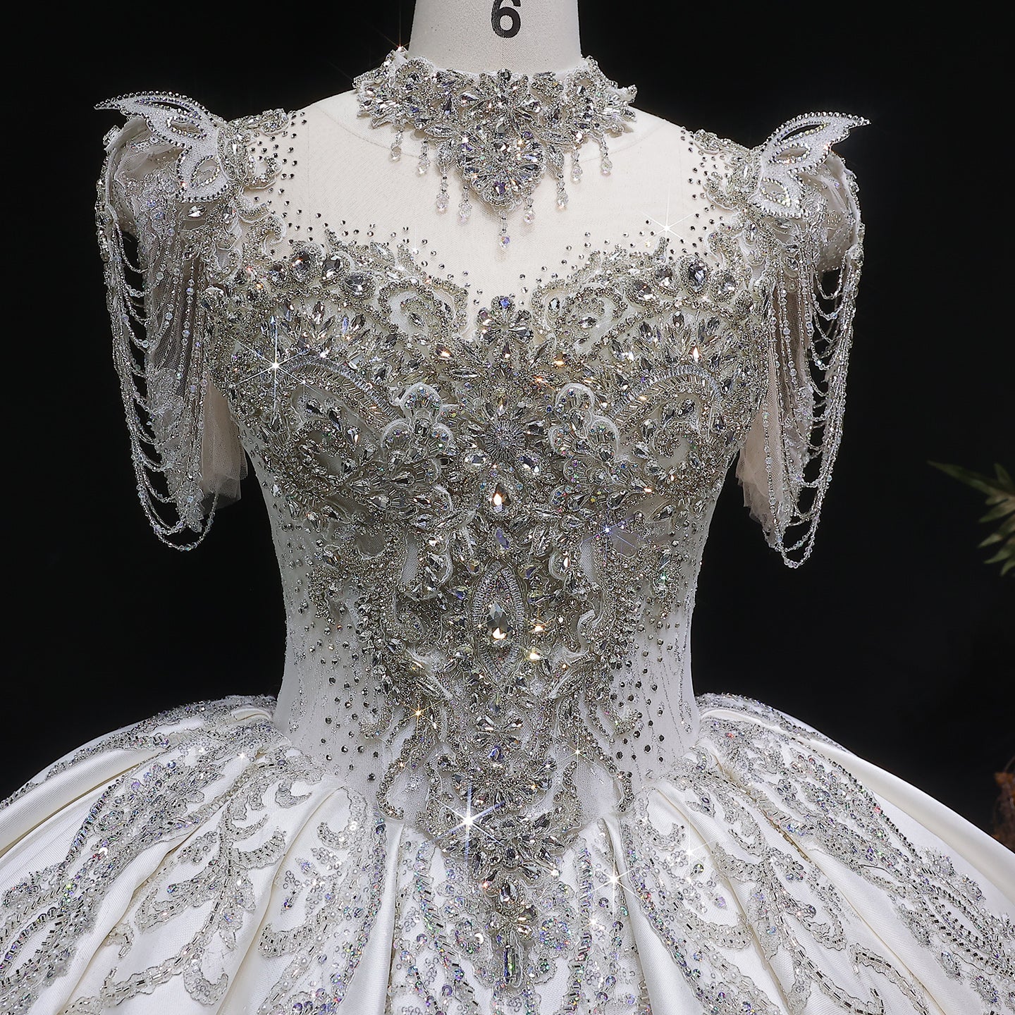 Luxury Ivory Satin Silver Floral Embroidery Ball Gown Wedding Dress SW605