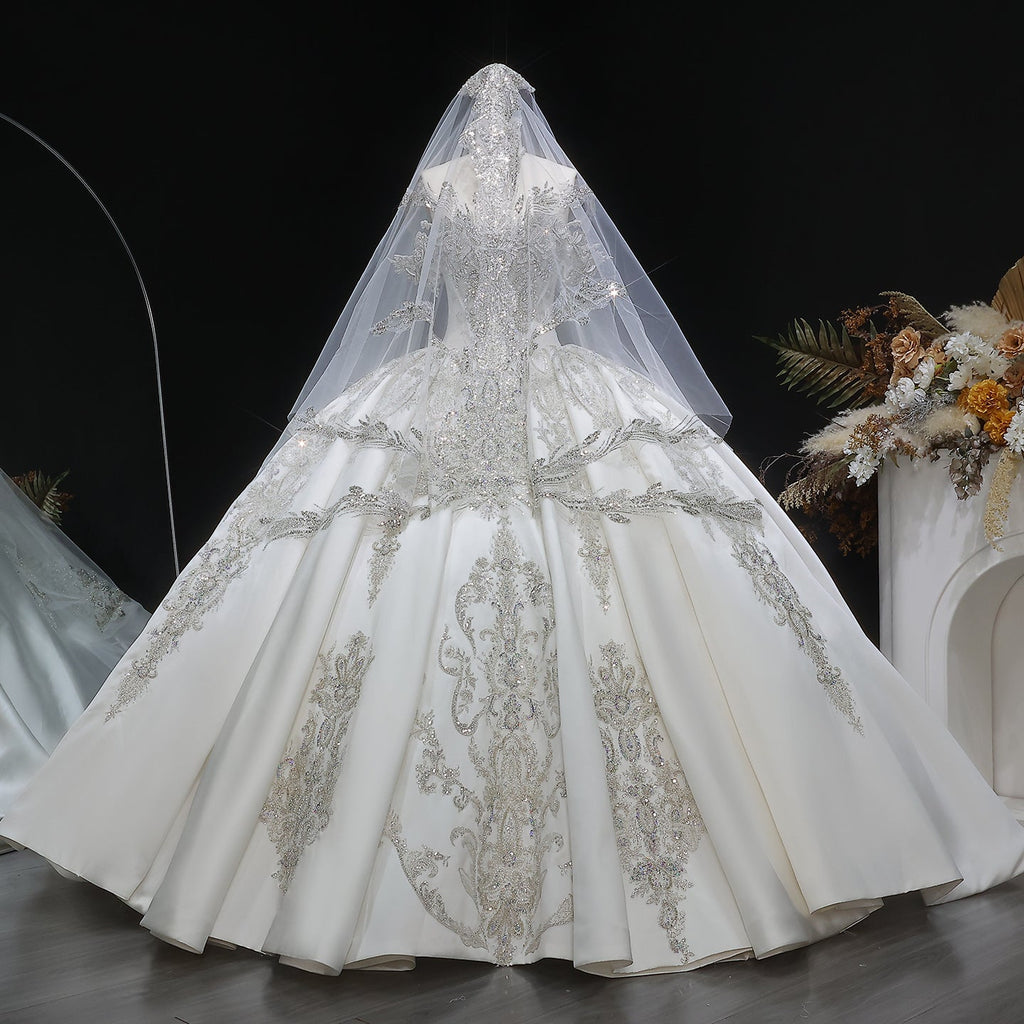 Luxury Ivory Satin Silver Embroidery Ball Gown Wedding Dress SW606