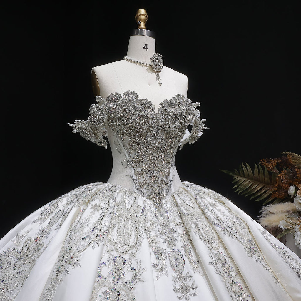 Luxury Ivory Satin Silver Embroidery Ball Gown Wedding Dress SW606
