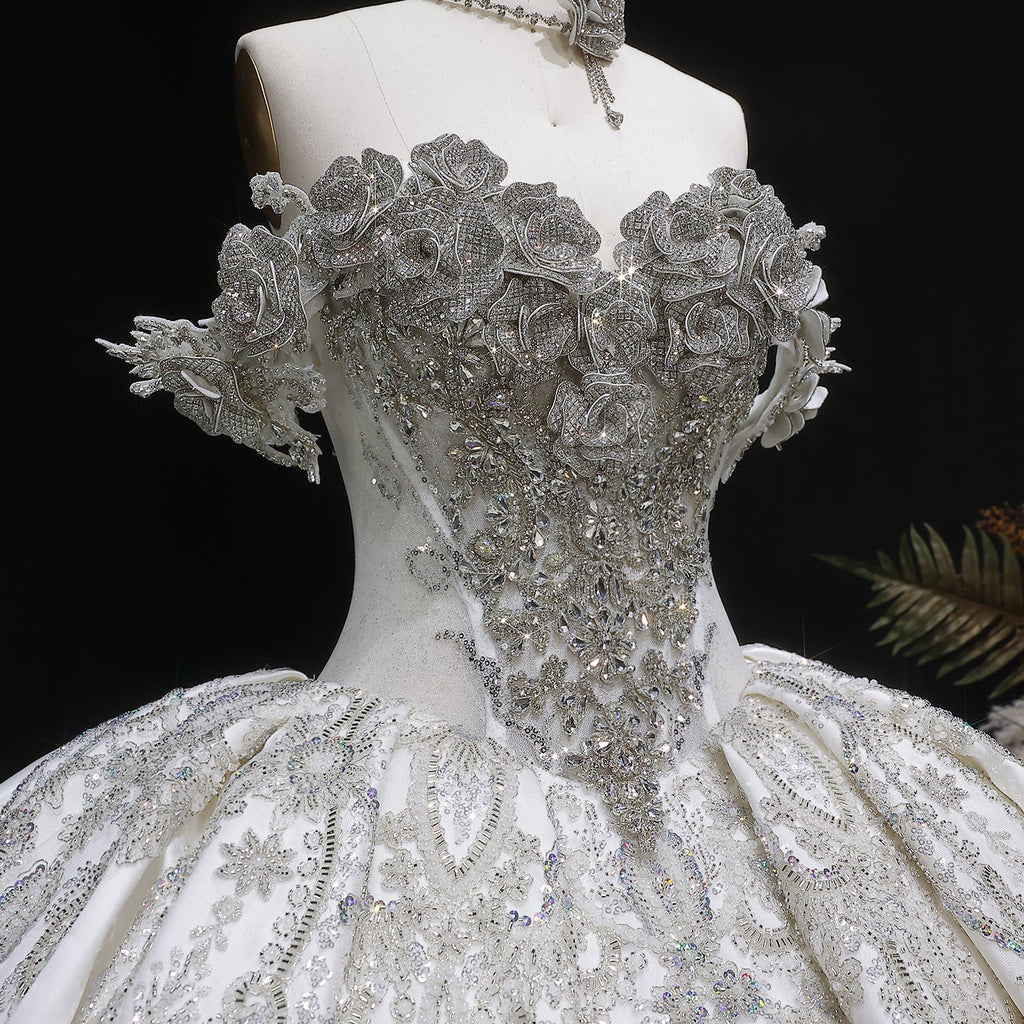 Luxury Ivory Satin Silver Embroidery Ball Gown Wedding Dress SW606
