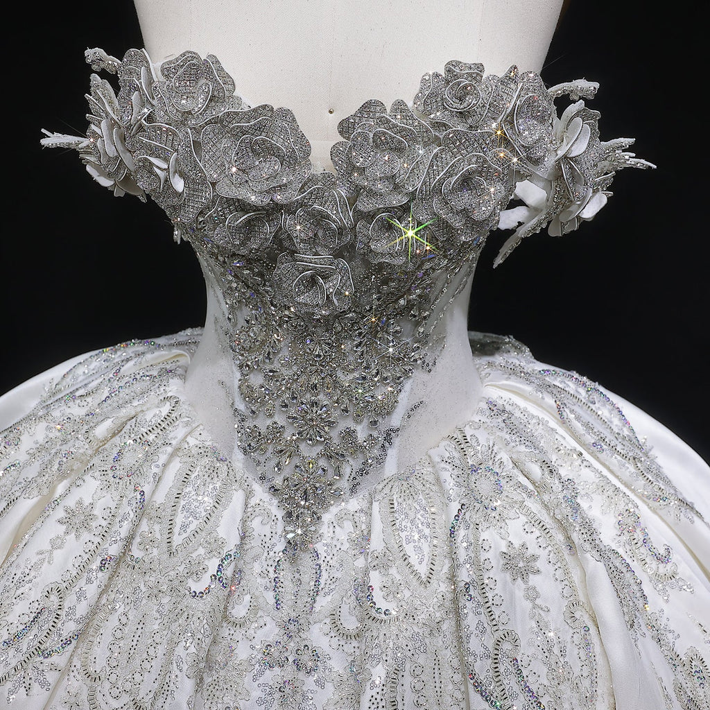 Luxury Ivory Satin Silver Embroidery Ball Gown Wedding Dress SW606