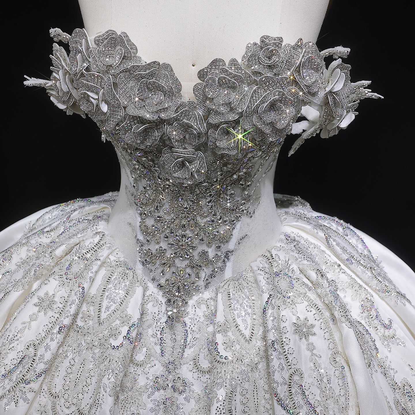 Luxury Ivory Satin Silver Embroidery Ball Gown Wedding Dress SW606
