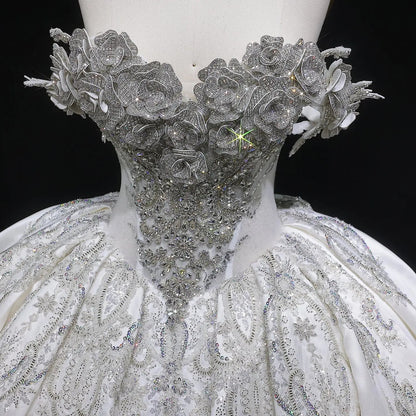 Ivory Luxury Satin Ball Gown with Silver Embroidery Wedding Dress SW606