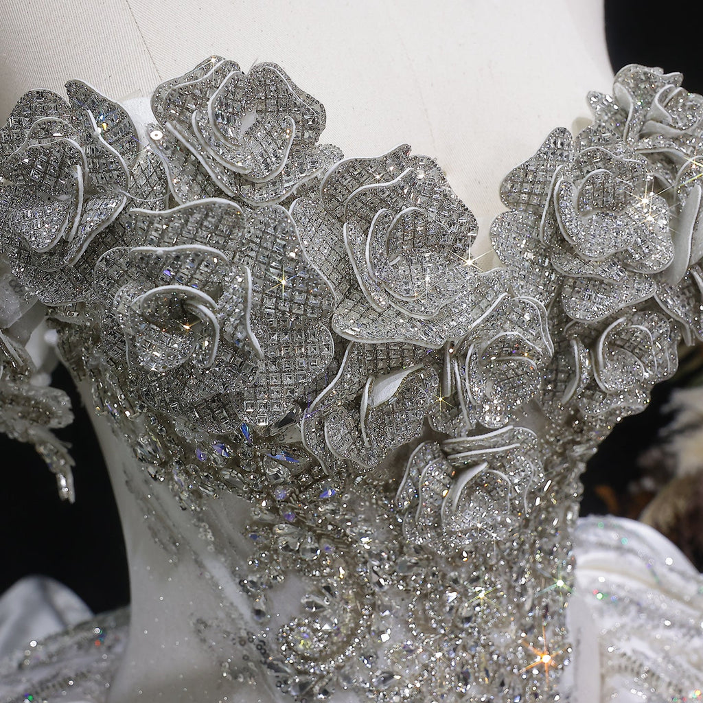 Luxury Ivory Satin Silver Embroidery Ball Gown Wedding Dress SW606