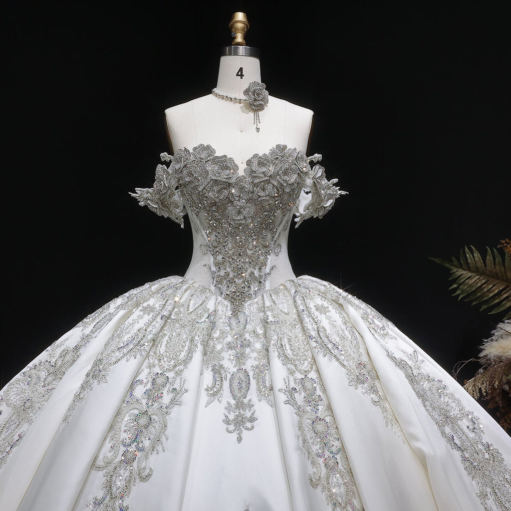 Luxury Ivory Satin Silver Embroidery Ball Gown Wedding Dress SW606