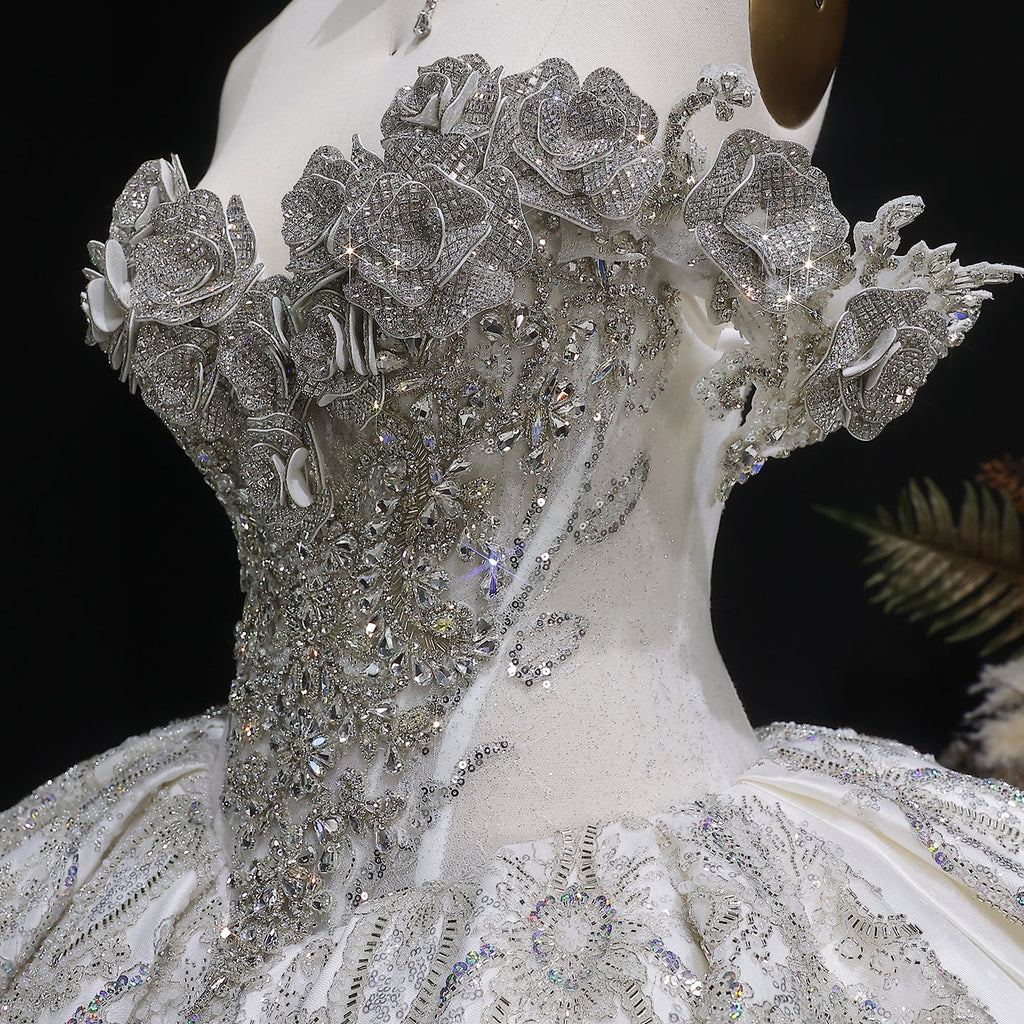 Luxury Ivory Satin Silver Embroidery Ball Gown Wedding Dress SW606