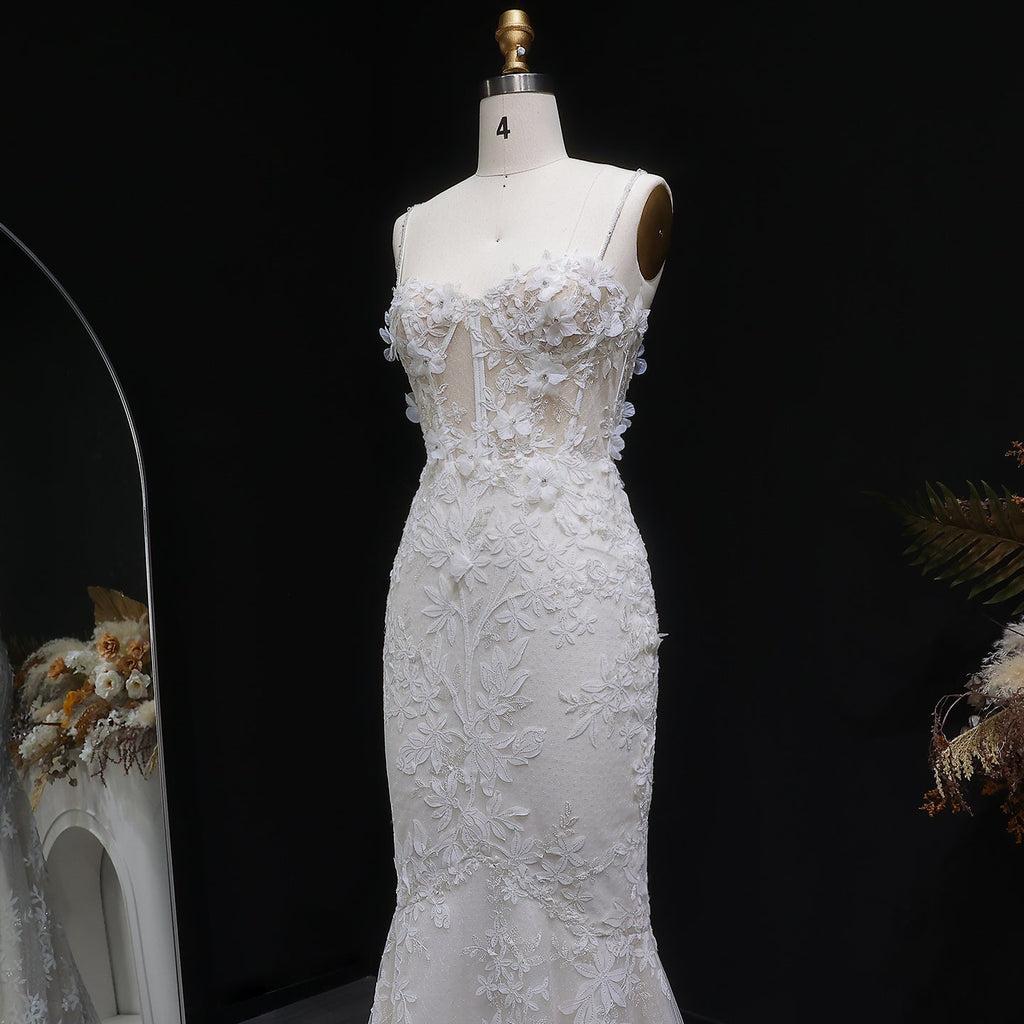 Chic Spaghetti-Strap Sequins 3D Floral Mermaid Wedding Dress SW632
