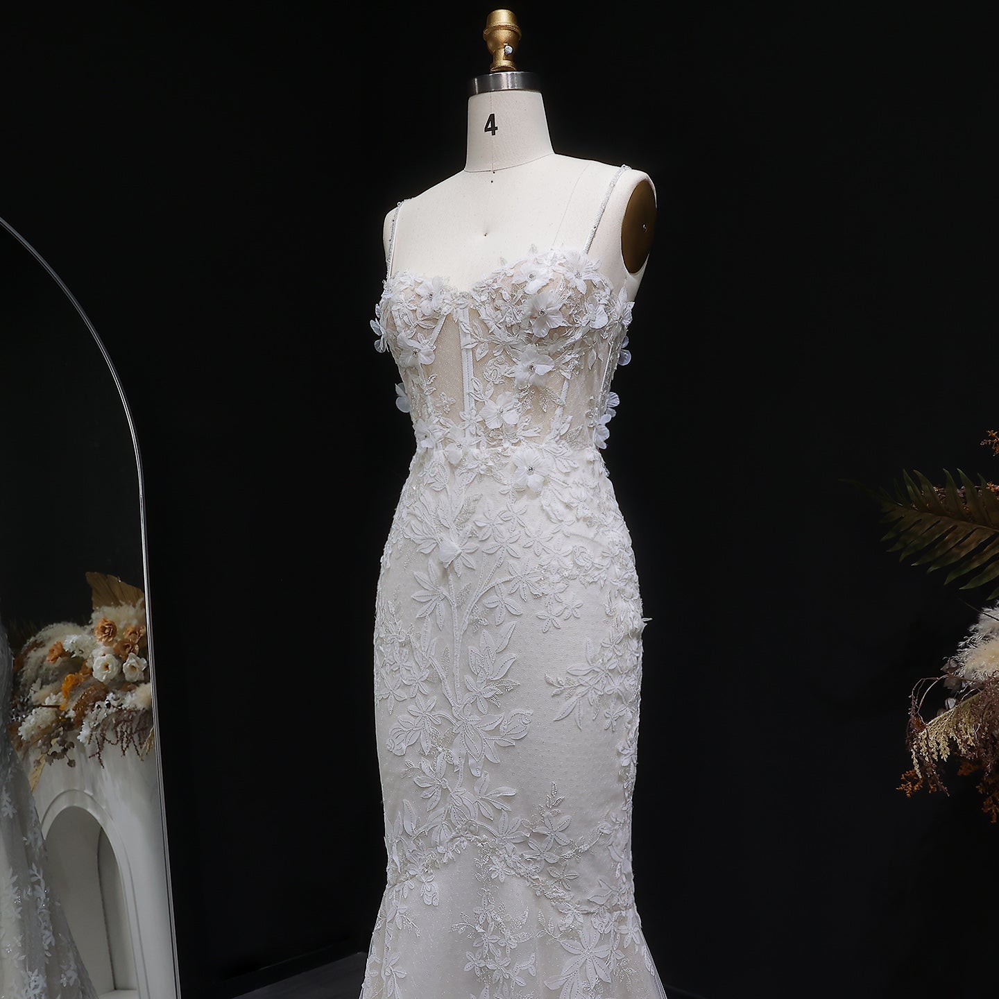 Chic Spaghetti-Strap Sequins 3D Floral Mermaid Wedding Dress SW632