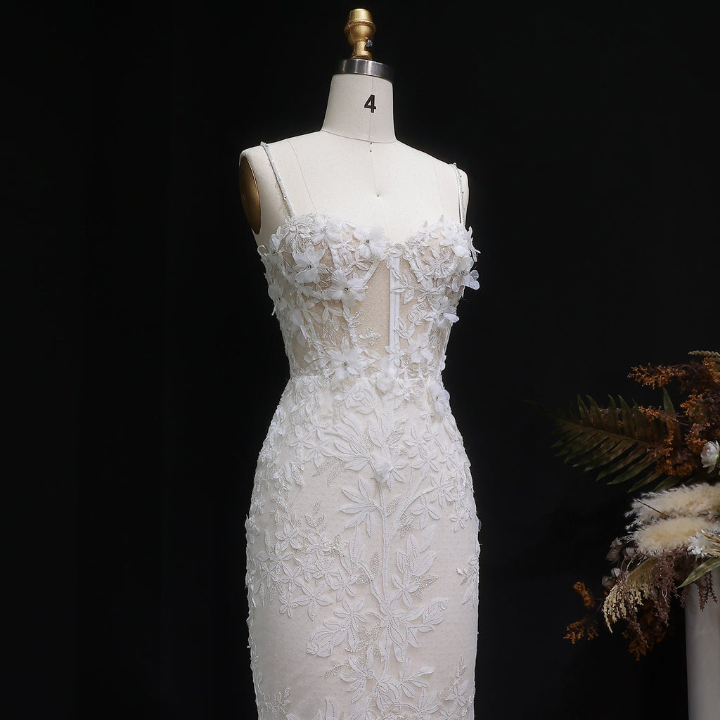 Chic Spaghetti-Strap Sequins 3D Floral Mermaid Wedding Dress SW632