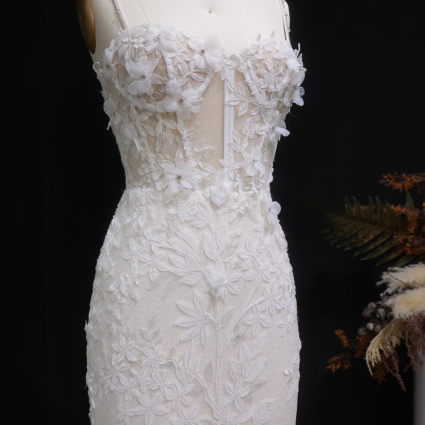 Chic Spaghetti-Strap Sequins 3D Floral Mermaid Wedding Dress SW632