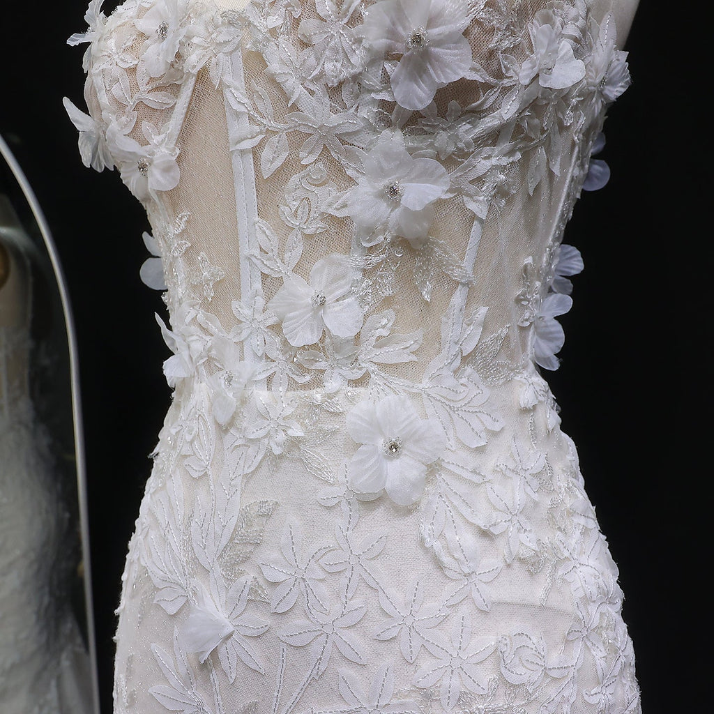 Chic Spaghetti-Strap Sequins 3D Floral Mermaid Wedding Dress SW632