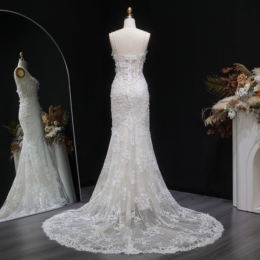 Chic Spaghetti-Strap Sequins 3D Floral Mermaid Wedding Dress SW632