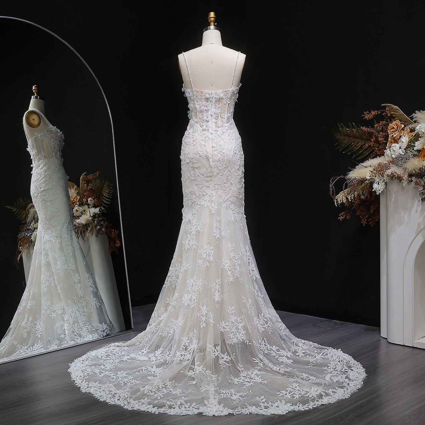 Chic Spaghetti-Strap Sequins 3D Floral Mermaid Wedding Dress SW632