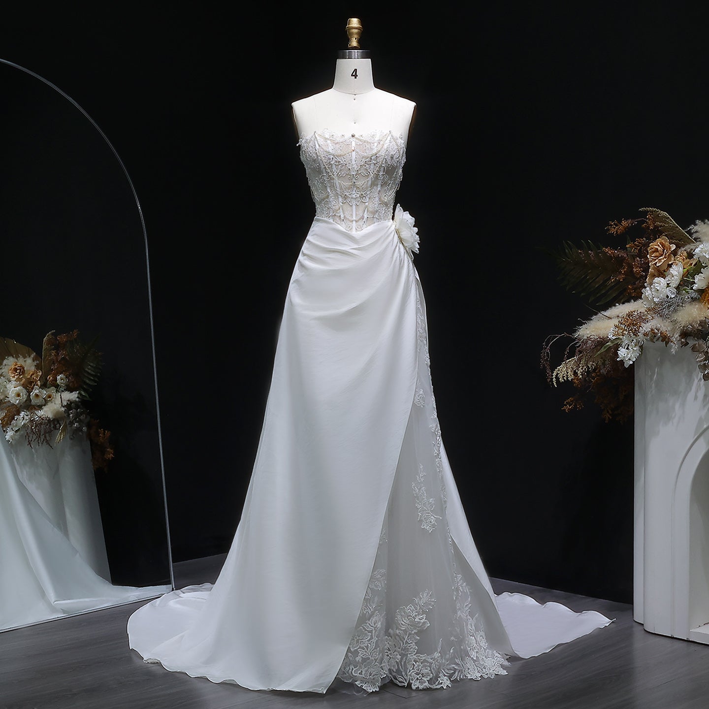Elegant Strapless 3D Floral Pearl A-Line Wedding Dress SW634