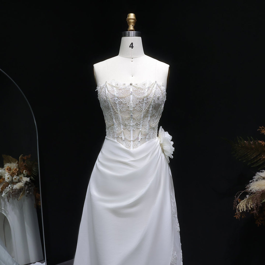 Elegant Strapless 3D Floral Pearl A-Line Wedding Dress SW634