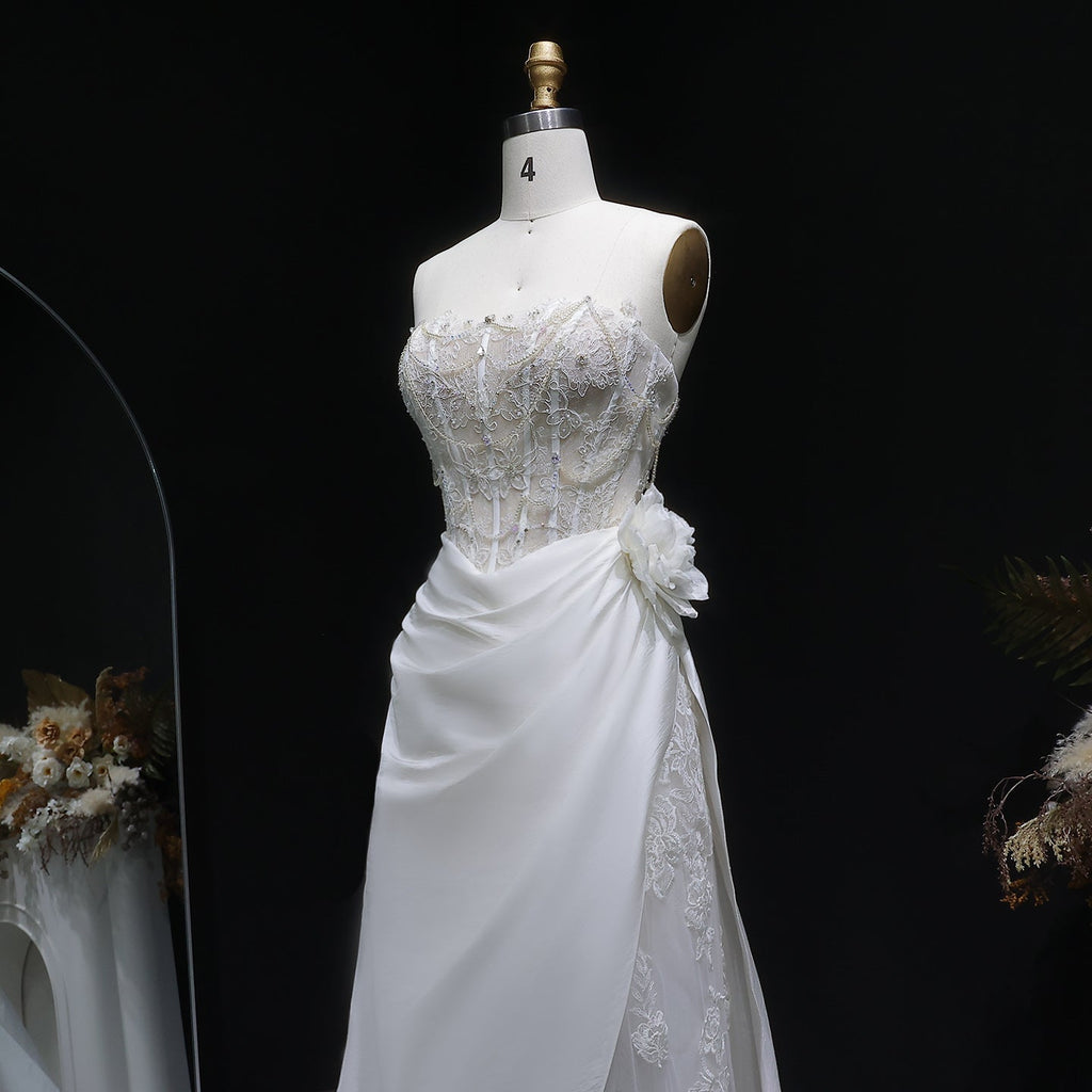 Elegant Strapless 3D Floral Pearl A-Line Wedding Dress SW634