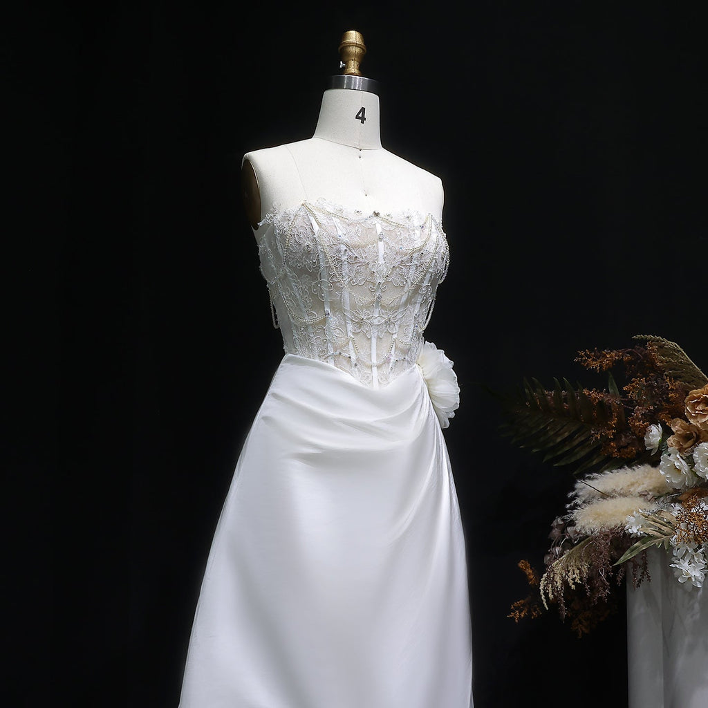 Elegant Strapless 3D Floral Pearl A-Line Wedding Dress SW634