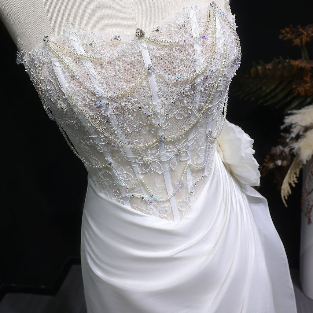 Elegant Strapless 3D Floral Pearl A-Line Wedding Dress SW634
