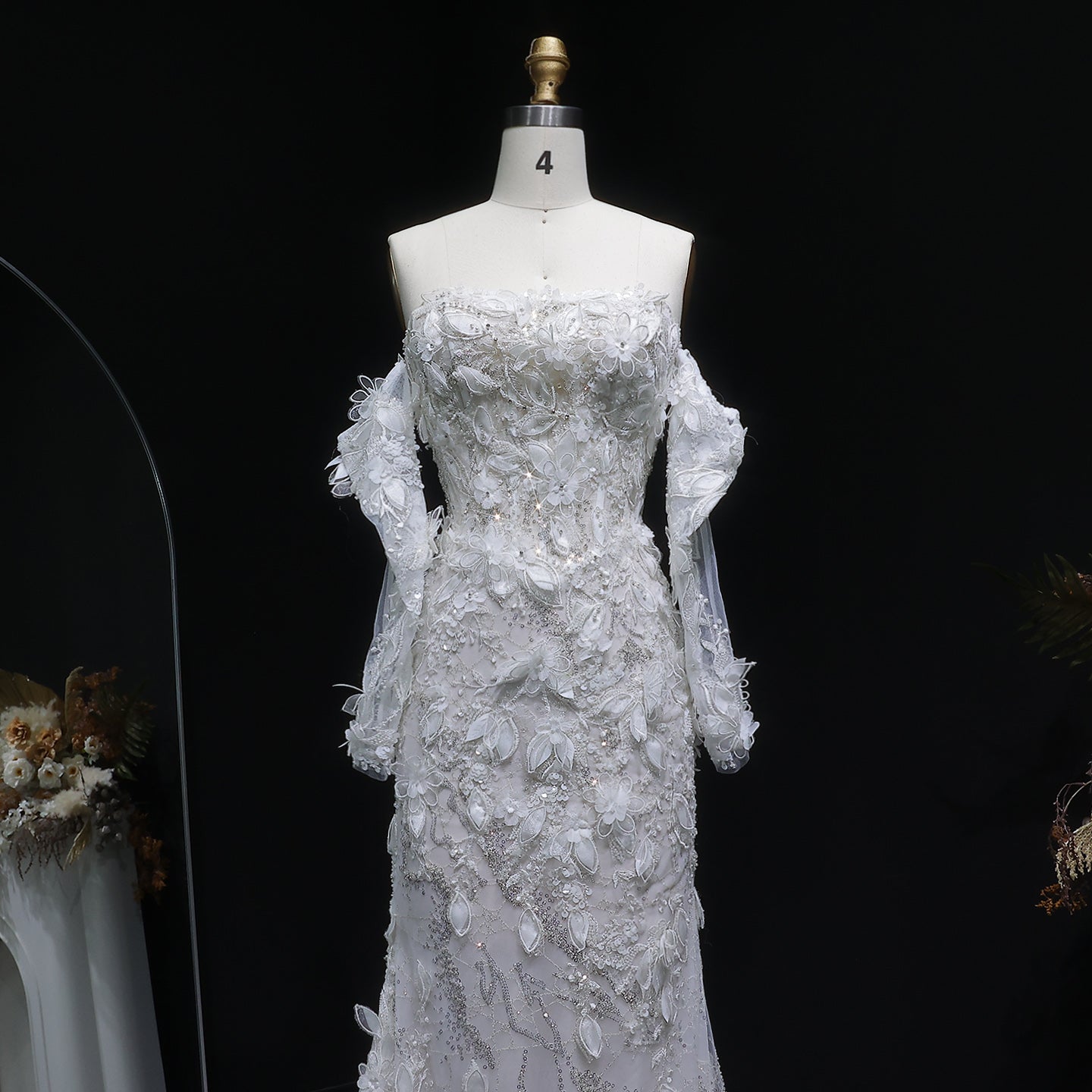 Glamorous Pearl Off-Shoulder 3D Floral Mermaid Wedding Dress SW635
