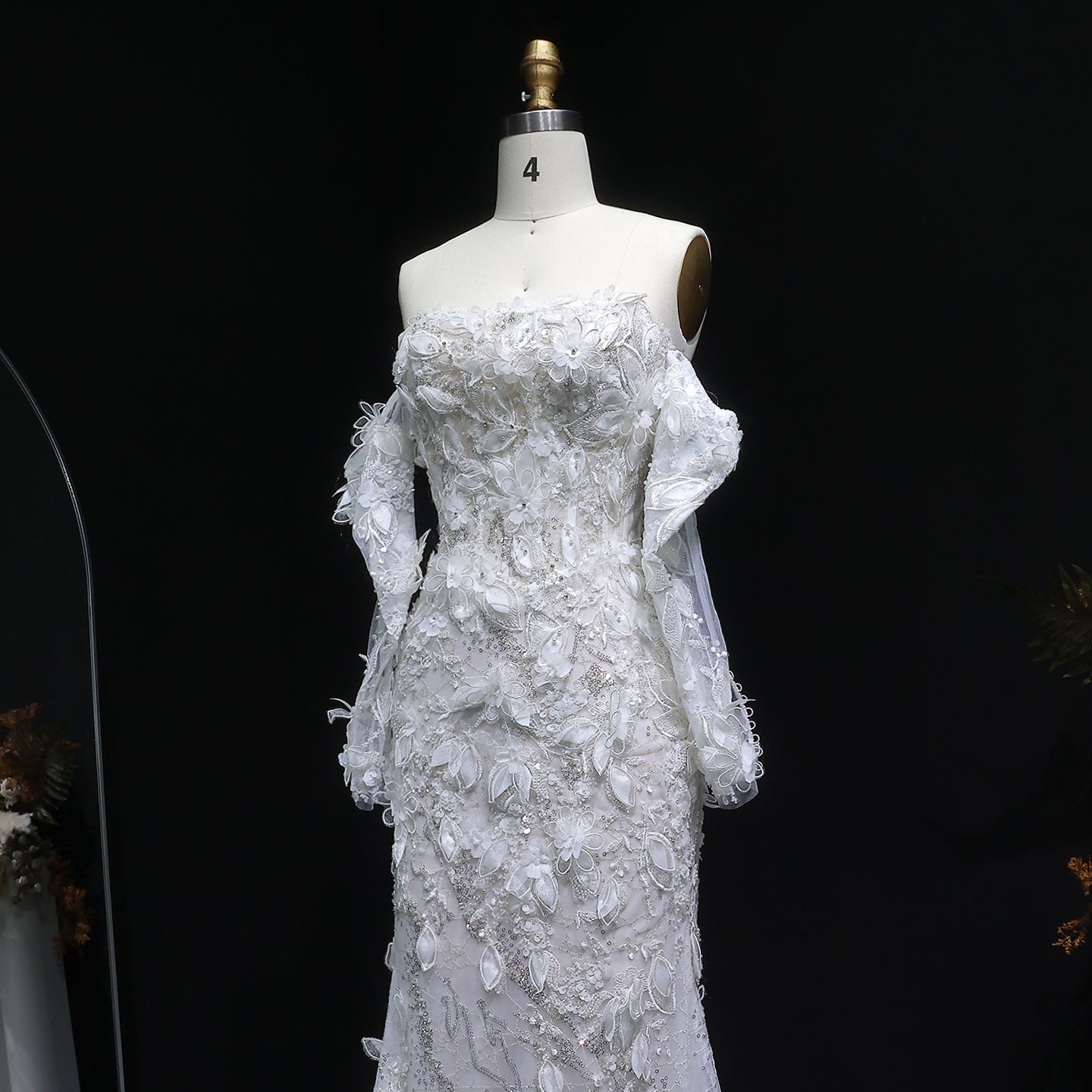 Glamorous Pearl Off-Shoulder 3D Floral Mermaid Wedding Dress SW635