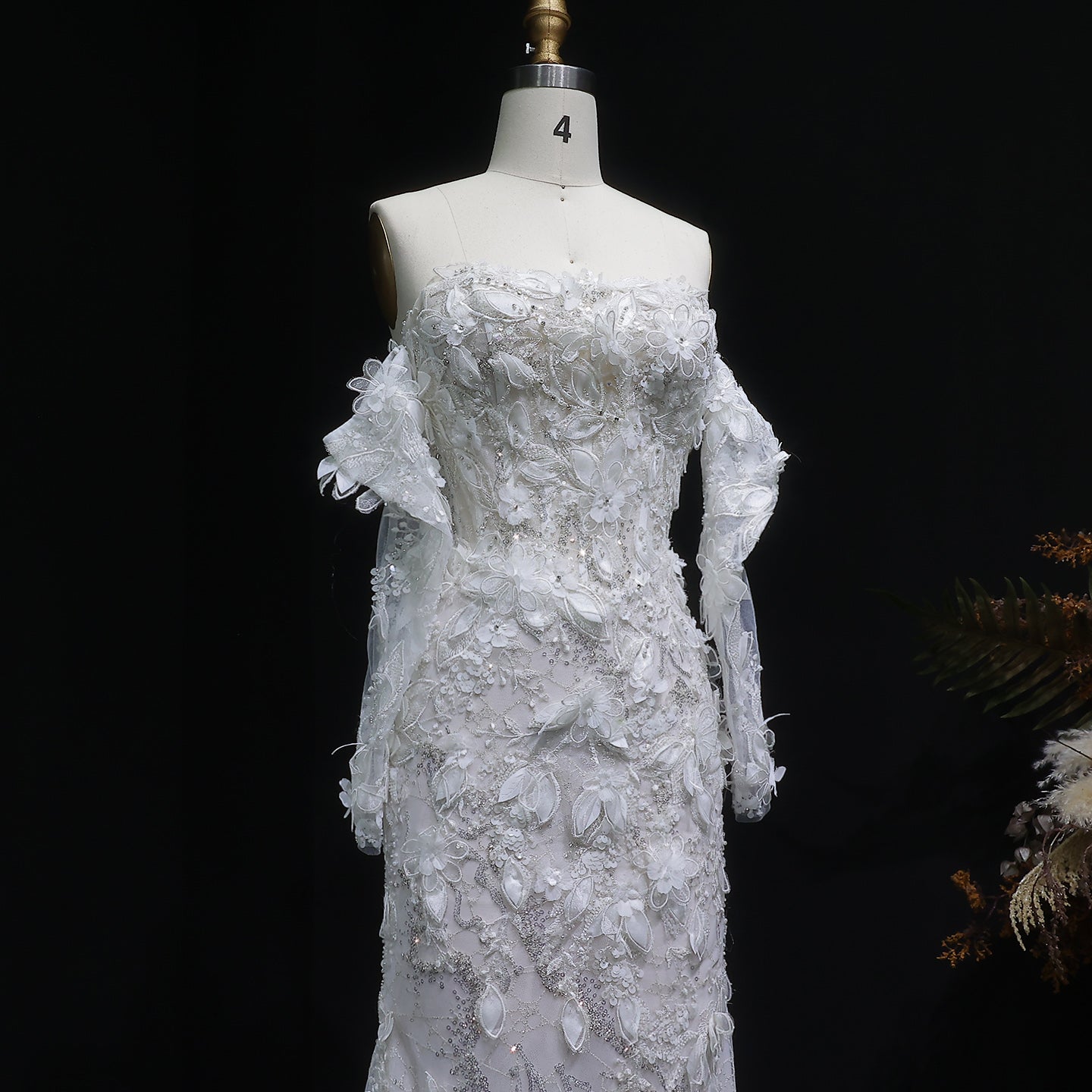 Glamorous Pearl Off-Shoulder 3D Floral Mermaid Wedding Dress SW635