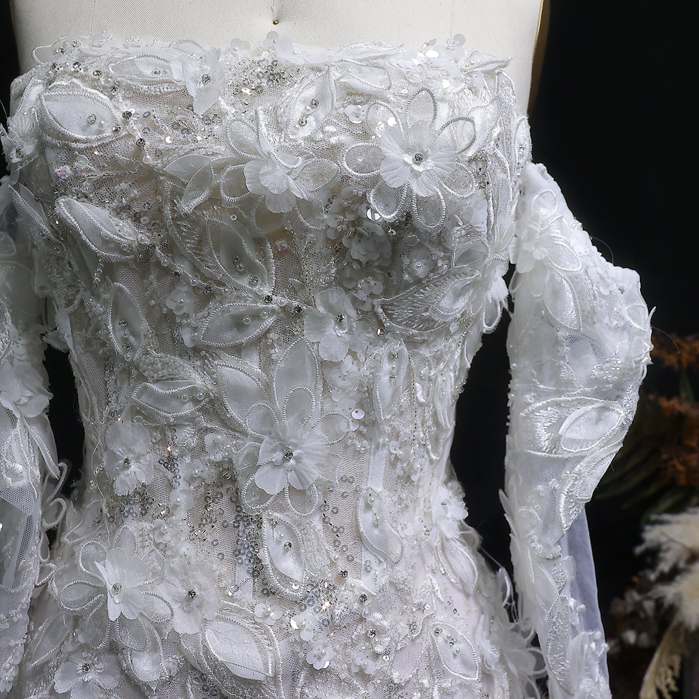 Glamorous Pearl Off-Shoulder 3D Floral Mermaid Wedding Dress SW635