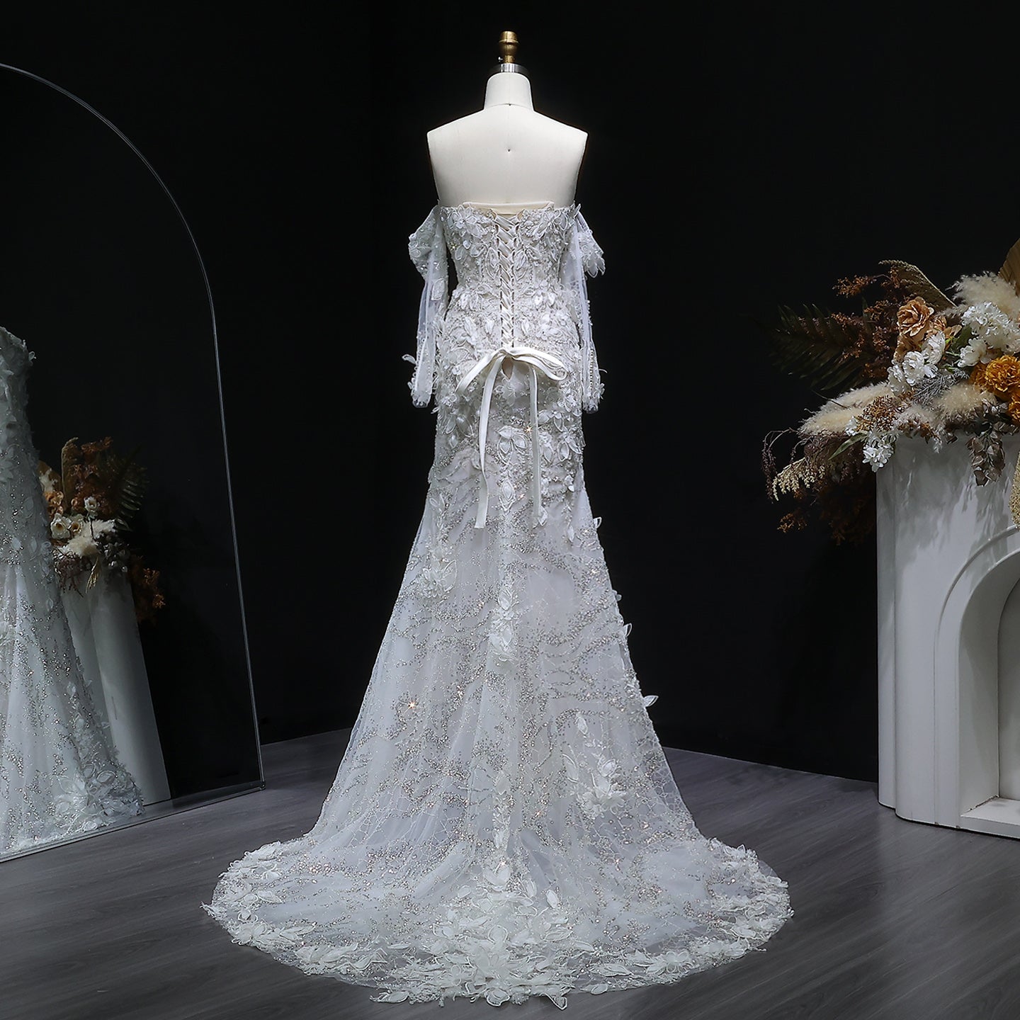 Glamorous Pearl Off-Shoulder 3D Floral Mermaid Wedding Dress SW635