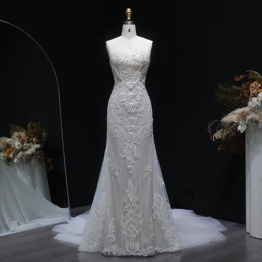 Luxury Strapless Sequins Mermaid Wedding Dress with Overskirt SW636