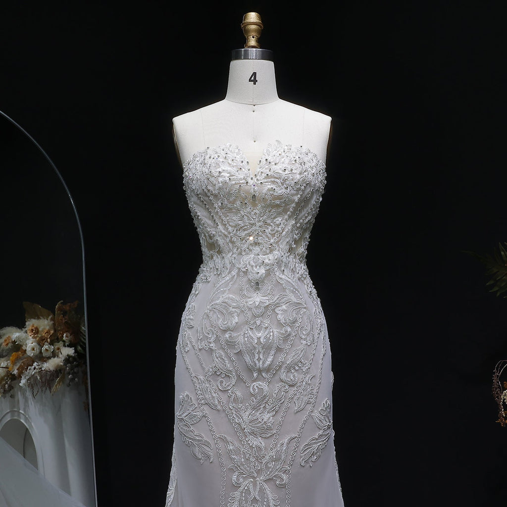 Luxury Strapless Sequins Mermaid Wedding Dress with Overskirt SW636