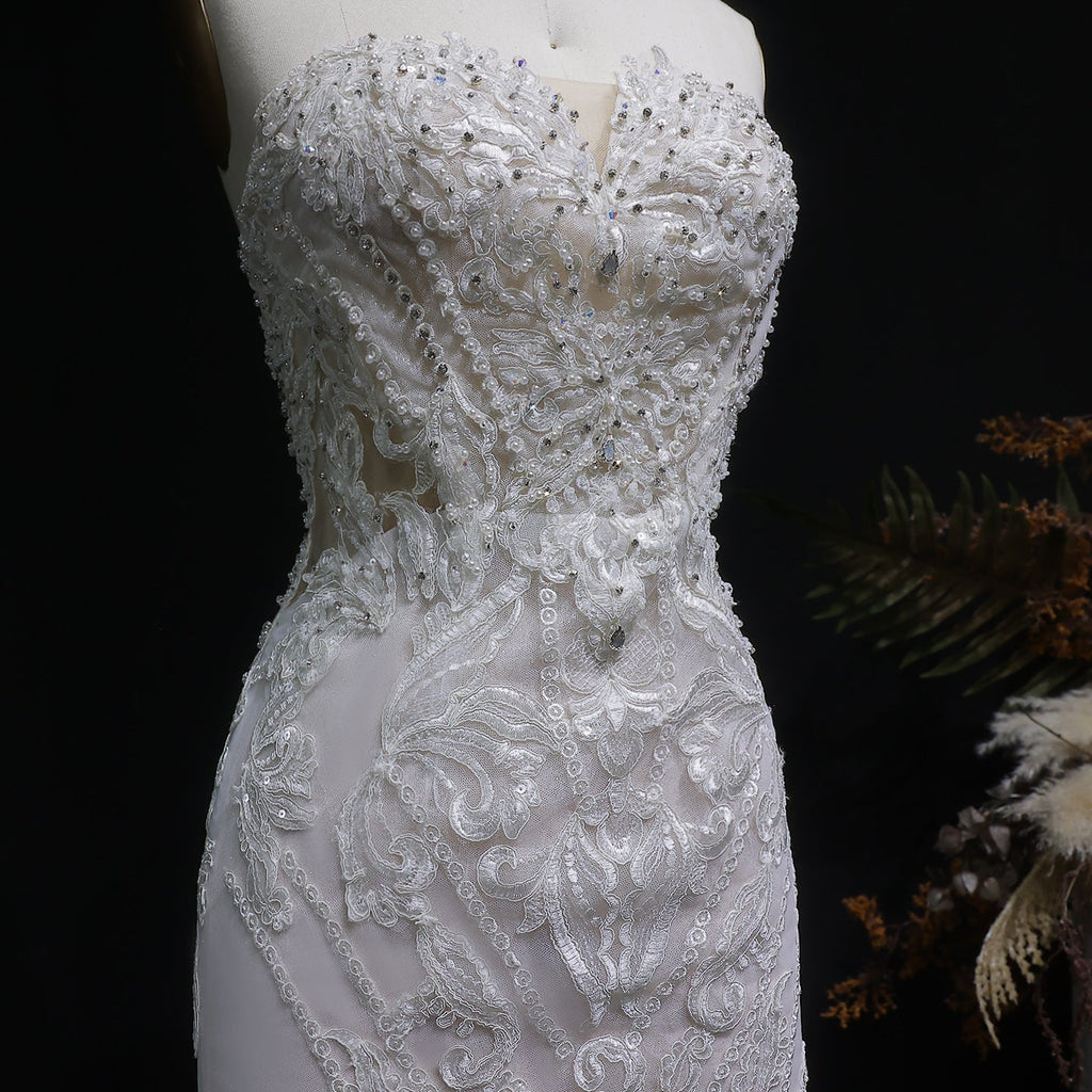 Luxury Strapless Sequins Mermaid Wedding Dress with Overskirt SW636
