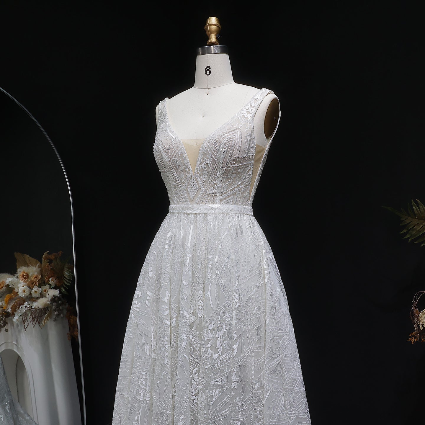 Stunning Spaghetti-Strap Lace Ball Gown Wedding Dress with Belt SW637