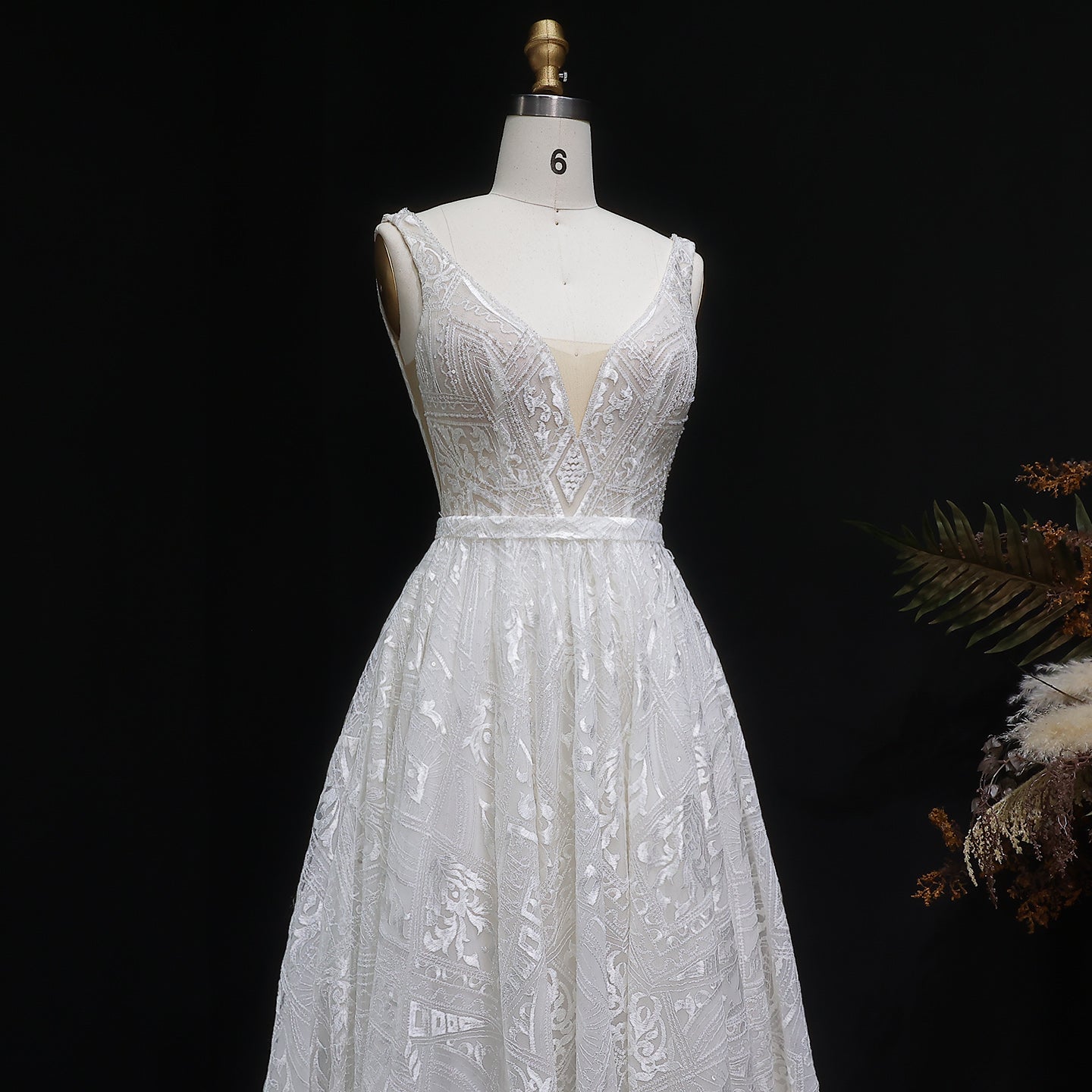 Stunning Spaghetti-Strap Lace Ball Gown Wedding Dress with Belt SW637
