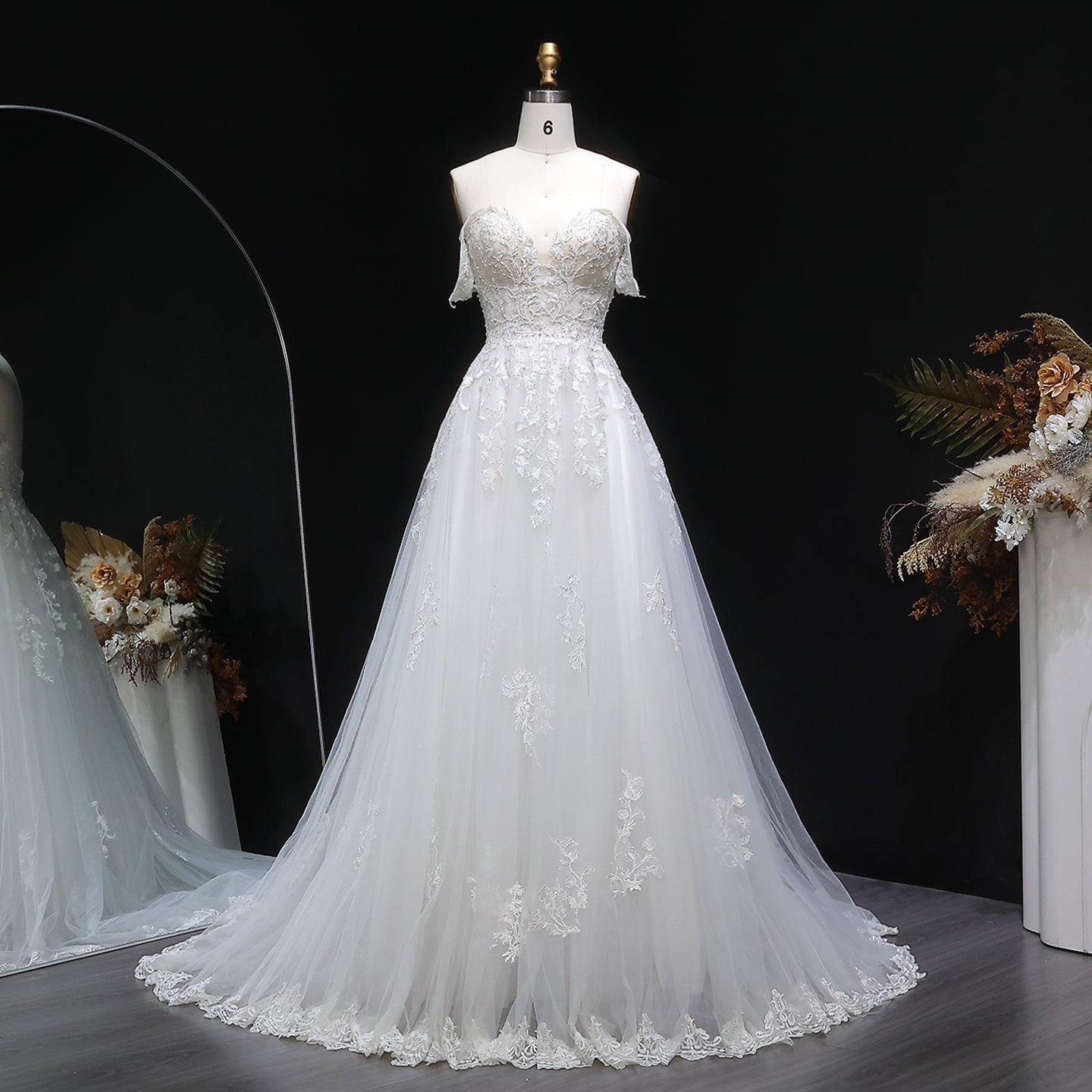 Trendy Strapless Embroidery Print Wedding Dress with Overskirt SW640