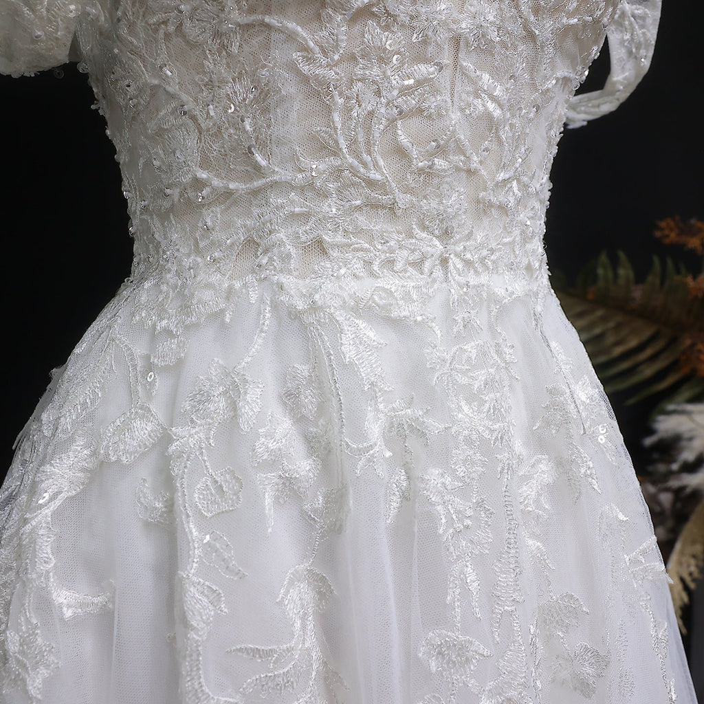 Trendy Strapless Embroidery Print Wedding Dress with Overskirt SW640