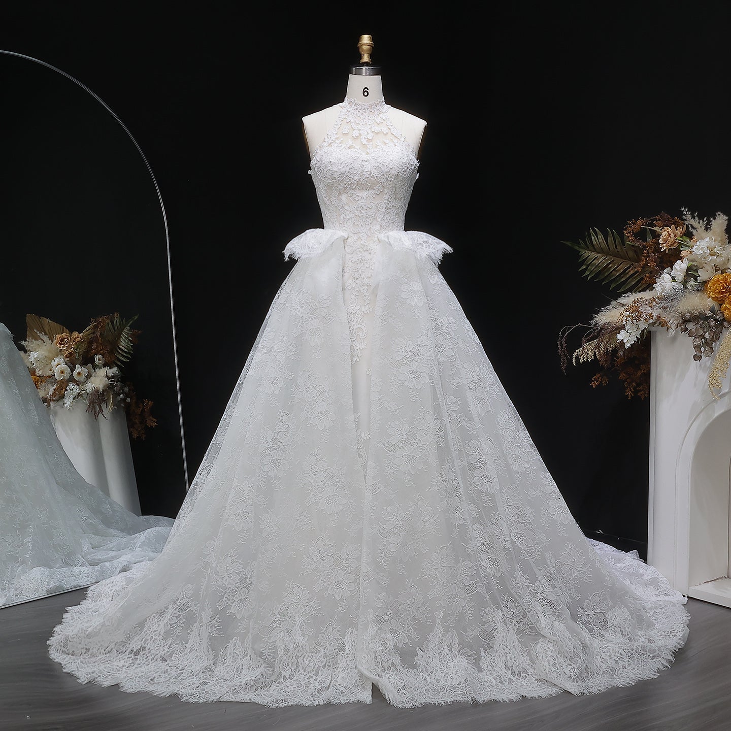 Luxury White Lace Embroidery A-Line Wedding Dress with Overskirt SW651