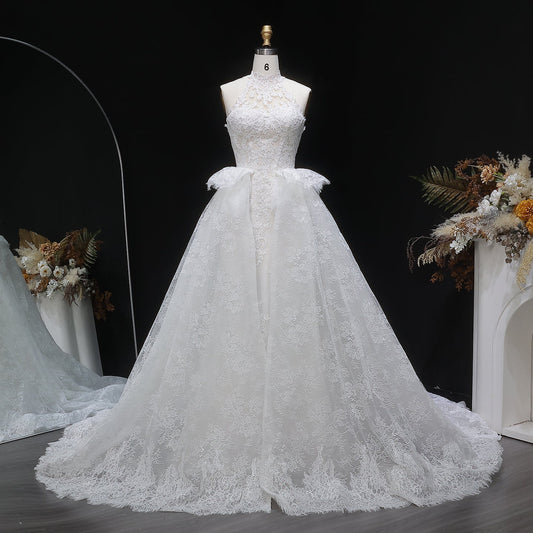 Luxury White Lace Embroidery A-Line Wedding Dress with Overskirt SW651