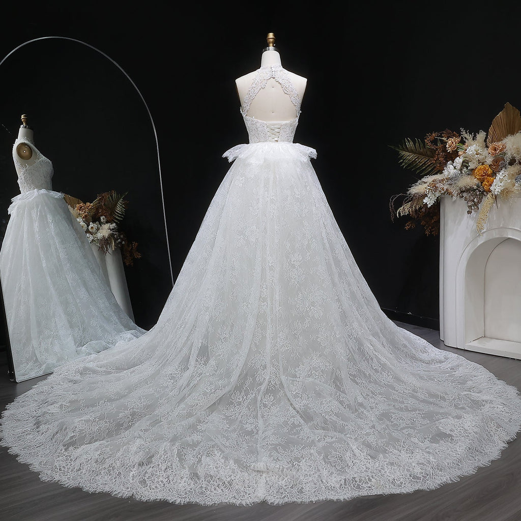 Luxury White Lace Embroidery A-Line Wedding Dress with Overskirt SW651