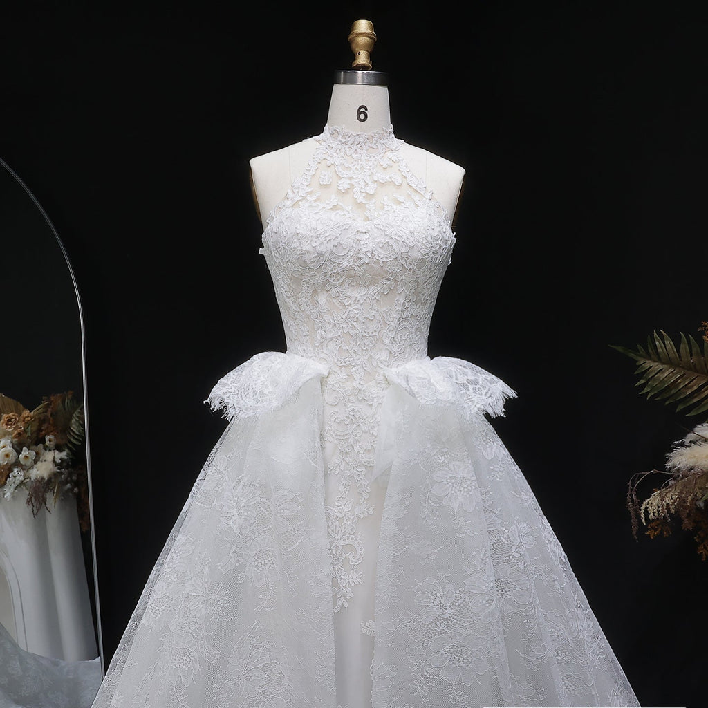 Luxury White Lace Embroidery A-Line Wedding Dress with Overskirt SW651