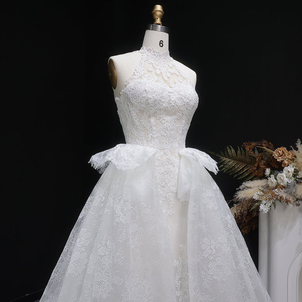 Luxury White Lace Embroidery A-Line Wedding Dress with Overskirt SW651
