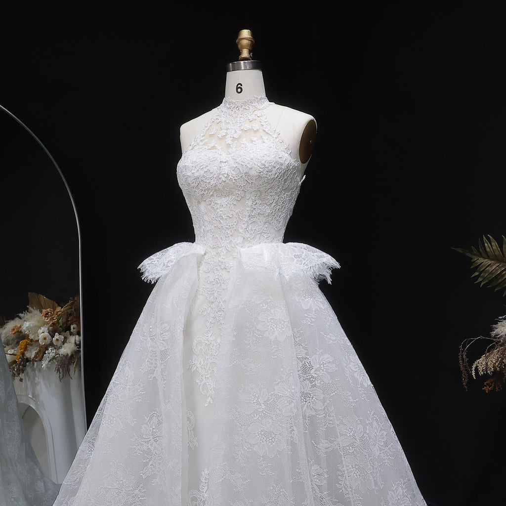Luxury White Lace Embroidery A-Line Wedding Dress with Overskirt SW651