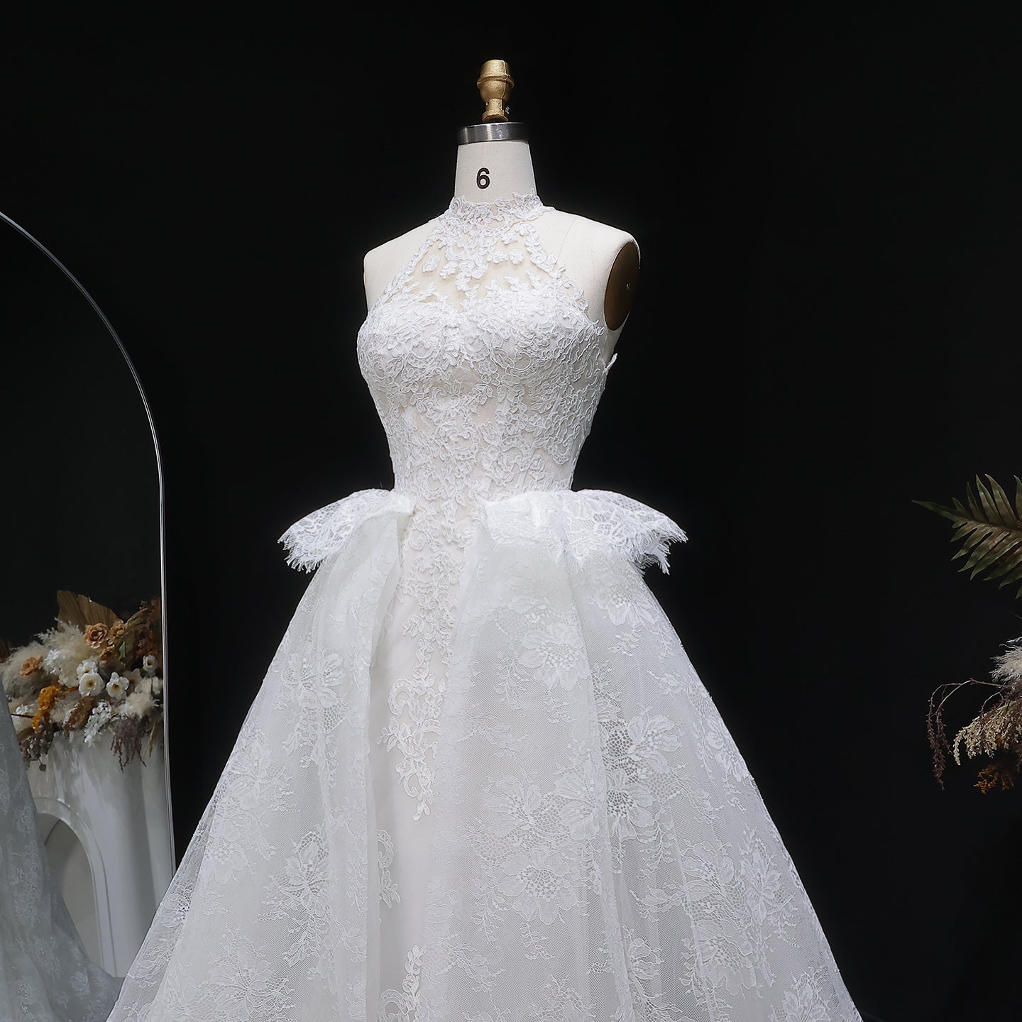 Luxury White Lace Embroidery A-Line Wedding Dress with Overskirt SW651