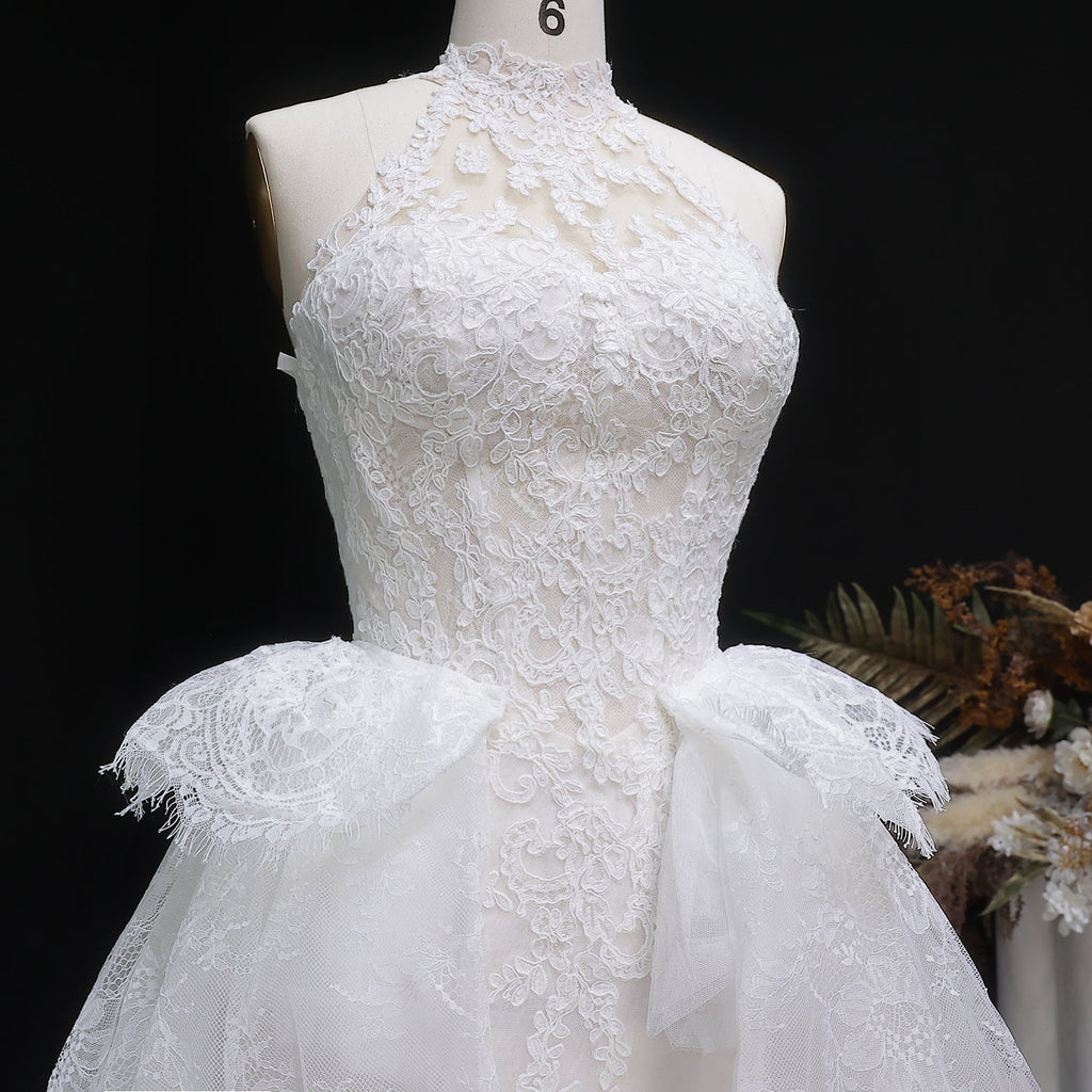 Luxury White Lace Embroidery A-Line Wedding Dress with Overskirt SW651