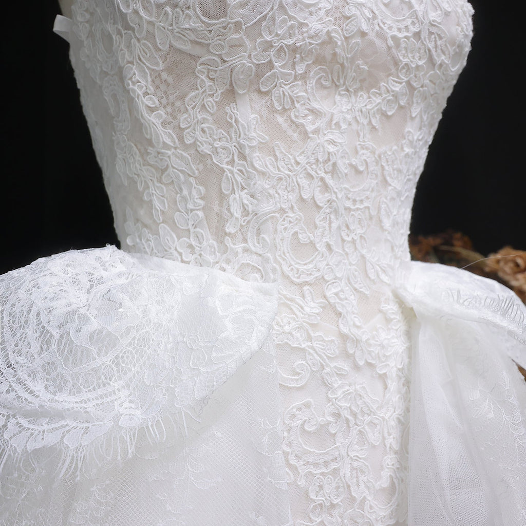 Luxury White Lace Embroidery A-Line Wedding Dress with Overskirt SW651